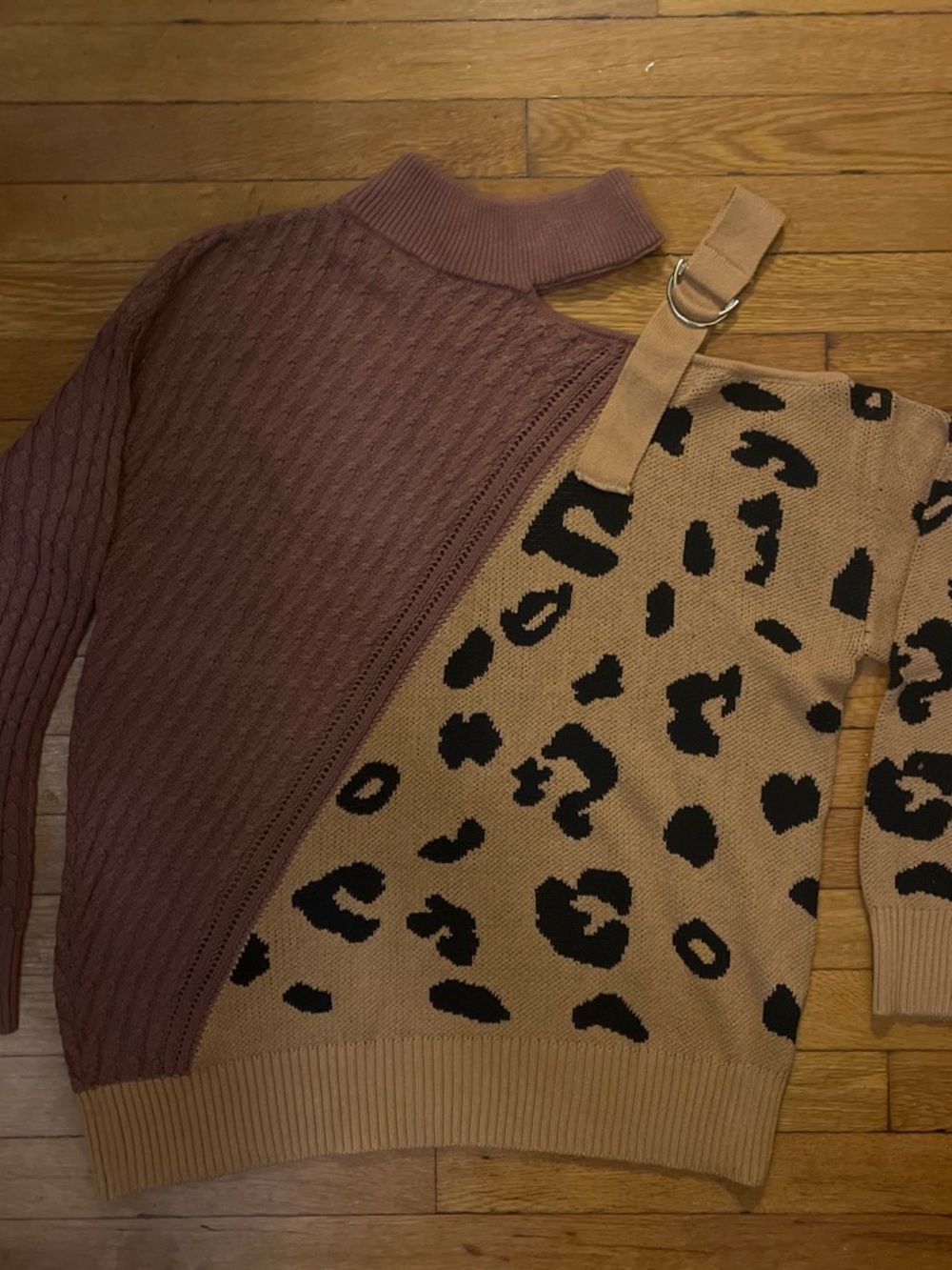 Amazon Off-the-Shoulder Asymmetric Pullover Sweater in Mauve and Camel Leopard